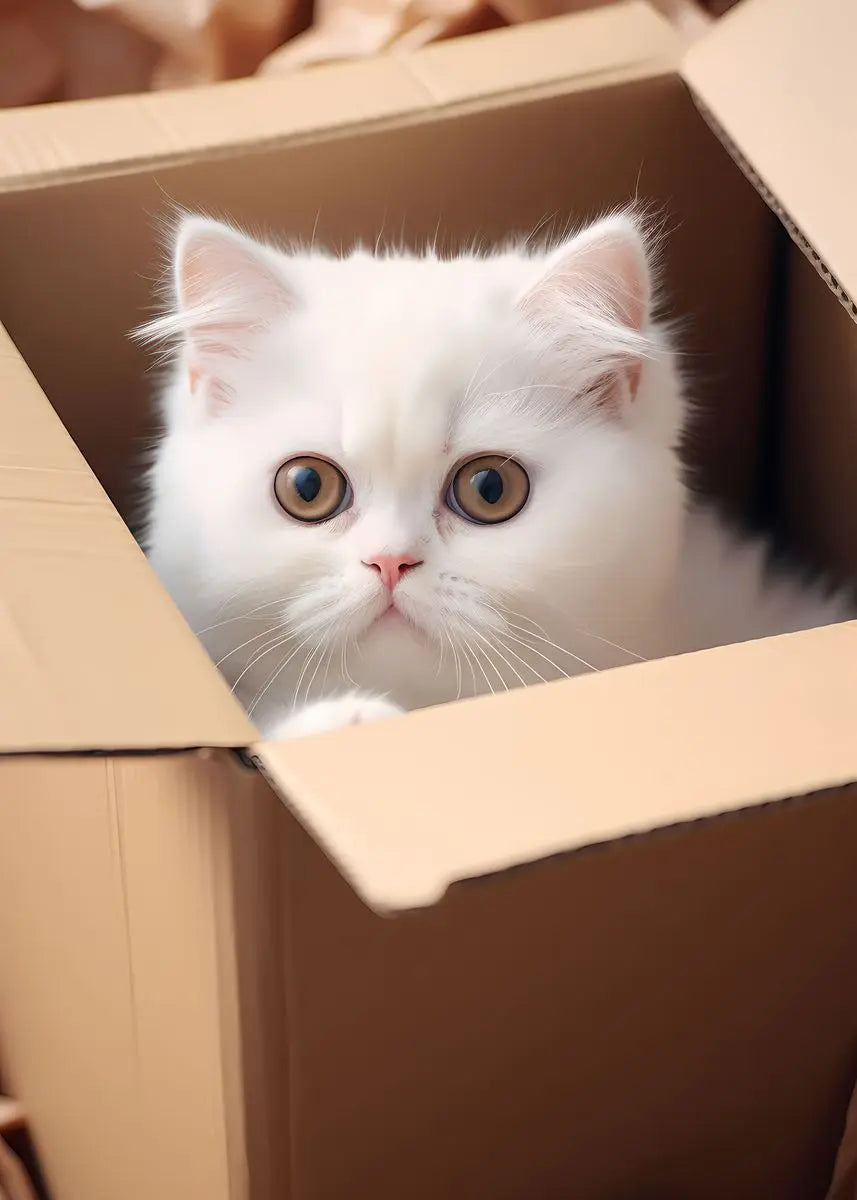 A fluffy white Persian kitten peeks out of a cardboard box.