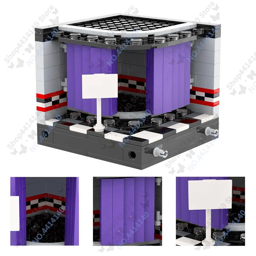 A detailed building block model of a Five Nights at Freddy's location featuring purple and black structures.