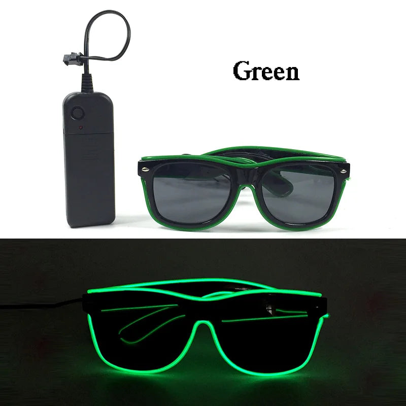 Green light up EL wire party glasses shown in a pair and a standalone device.