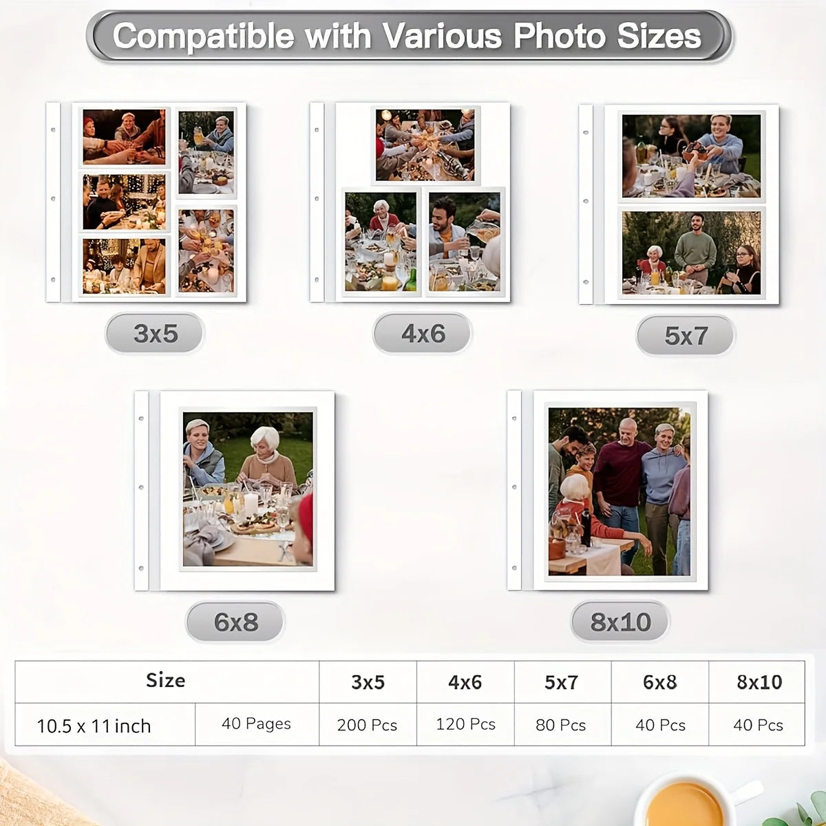 Linen 3-ring scrapbook album showing various photo sizes including 5x7, 4x6, and 8x10 layouts.