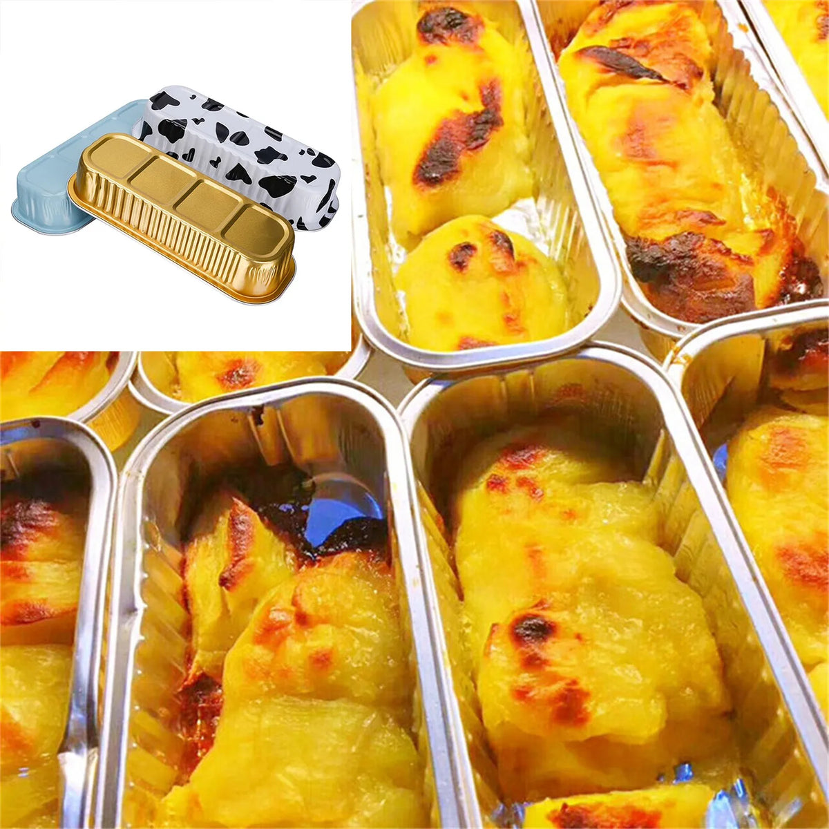 Disposable aluminum foil baking trays with lids filled with baked yellow food