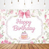 A watercolor floral birthday backdrop featuring pink roses and a bow tied around the text Happy Birthday