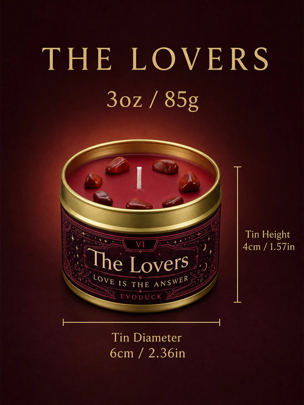A tin candle labeled The Lovers in a gold tin with red wax and dried fruit, set against a dark background.