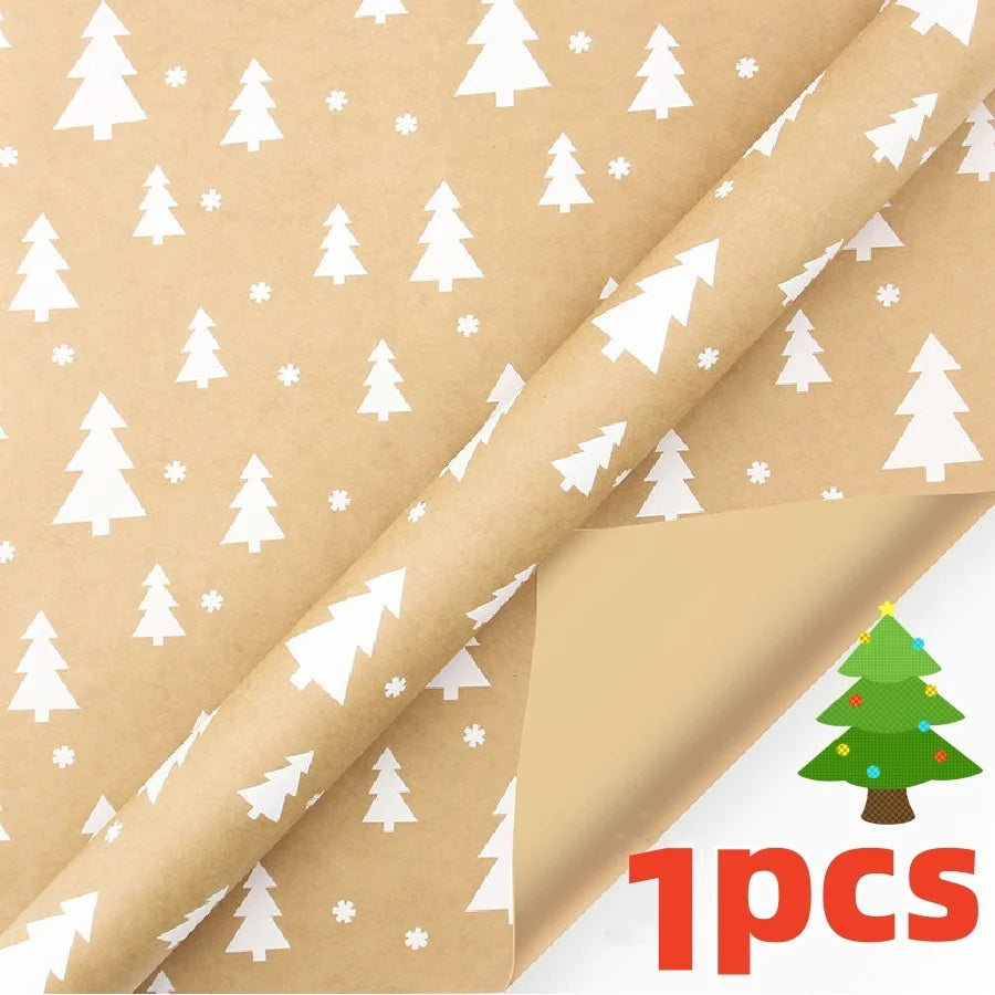 Roll of festive snowflake Christmas wrapping paper in beige with white pine trees