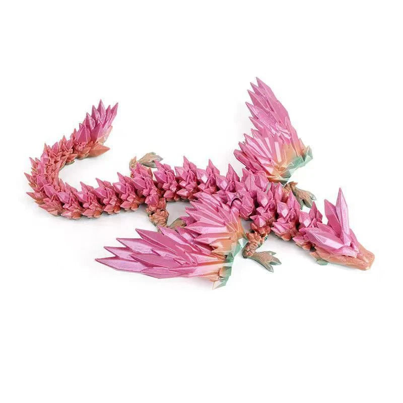 A pink and green 3D printed magic dragon desktop ornament with feathery details.