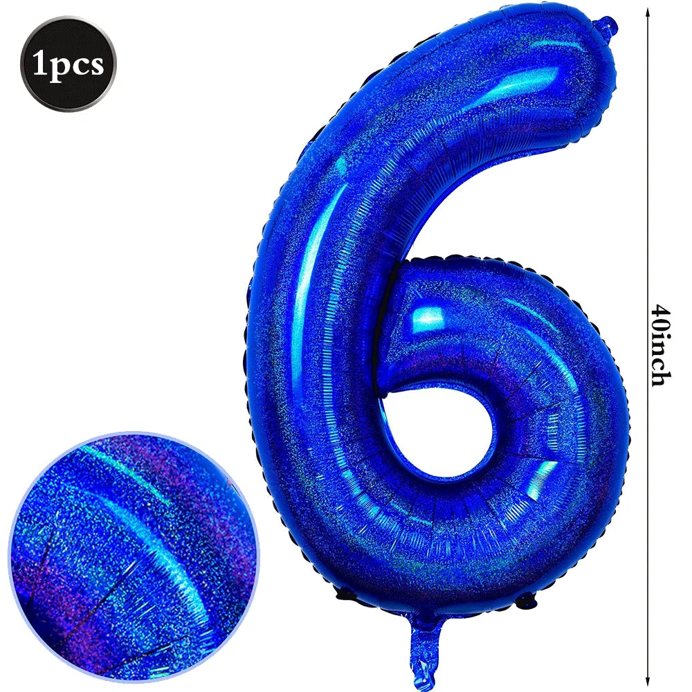 A large, shiny blue foil number balloon shaped like the number 6 for birthday and party decoration.