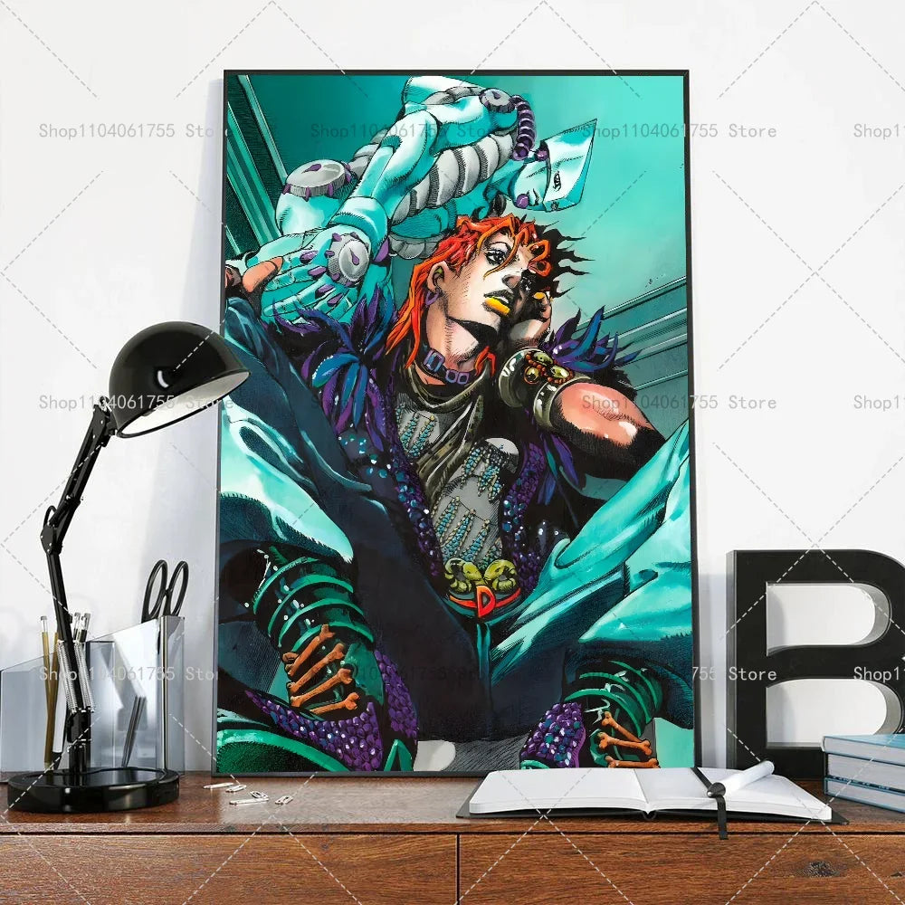 Anime poster featuring a character with orange hair and purple clothing against a teal background.