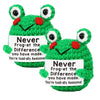 A handmade green crochet frog ornament with large eyes and a happy expression.