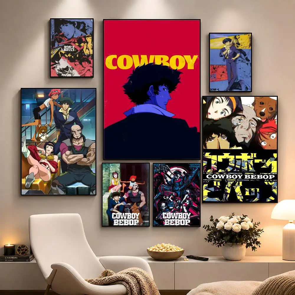 A collection of framed posters featuring characters and scenes from the Cowboy Bebop series.