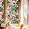 Botanical print static cling window film featuring pink and green lotus flowers and leaves.