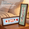 A wooden photo display frame featuring various custom photo strips of couples and individuals.