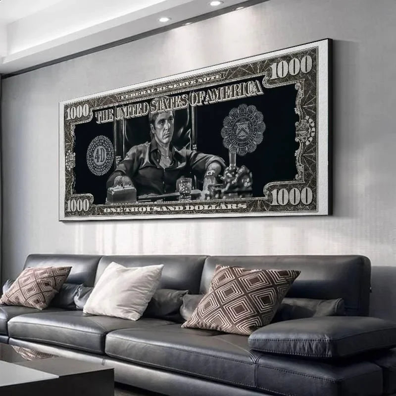 Impresión de arte en lienzo sin marco de un personaje de la película Scarface, con estilo oscuro y dramático.