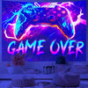 A vibrant purple and blue tapestry featuring a glowing game controller design with lightning effects, suitable for a gaming r