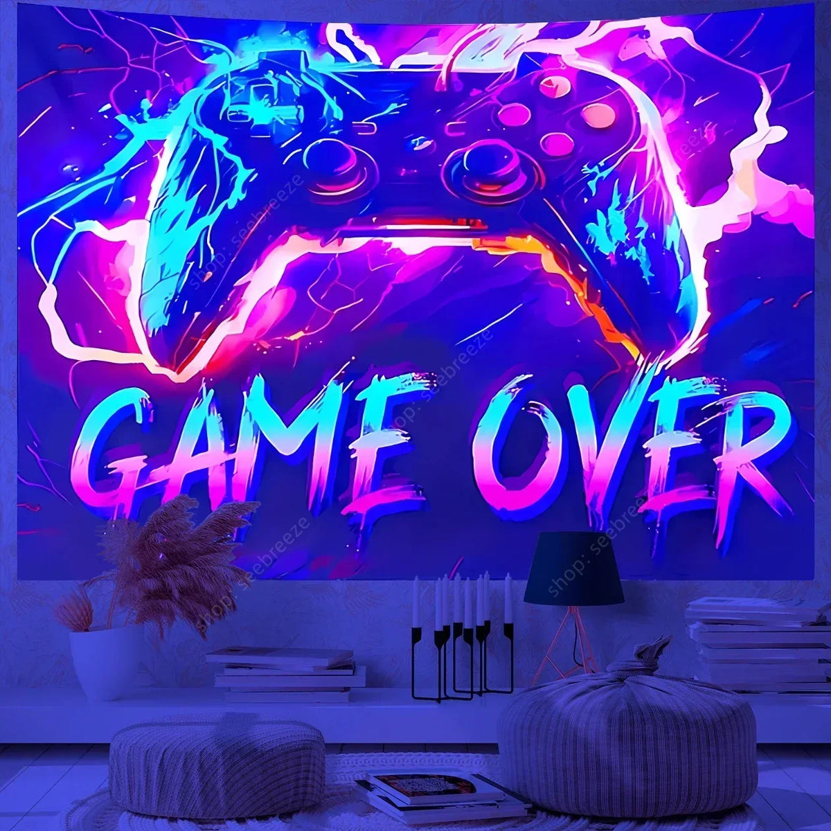 A vibrant purple and blue tapestry featuring a glowing game controller design with lightning effects, suitable for a gaming r