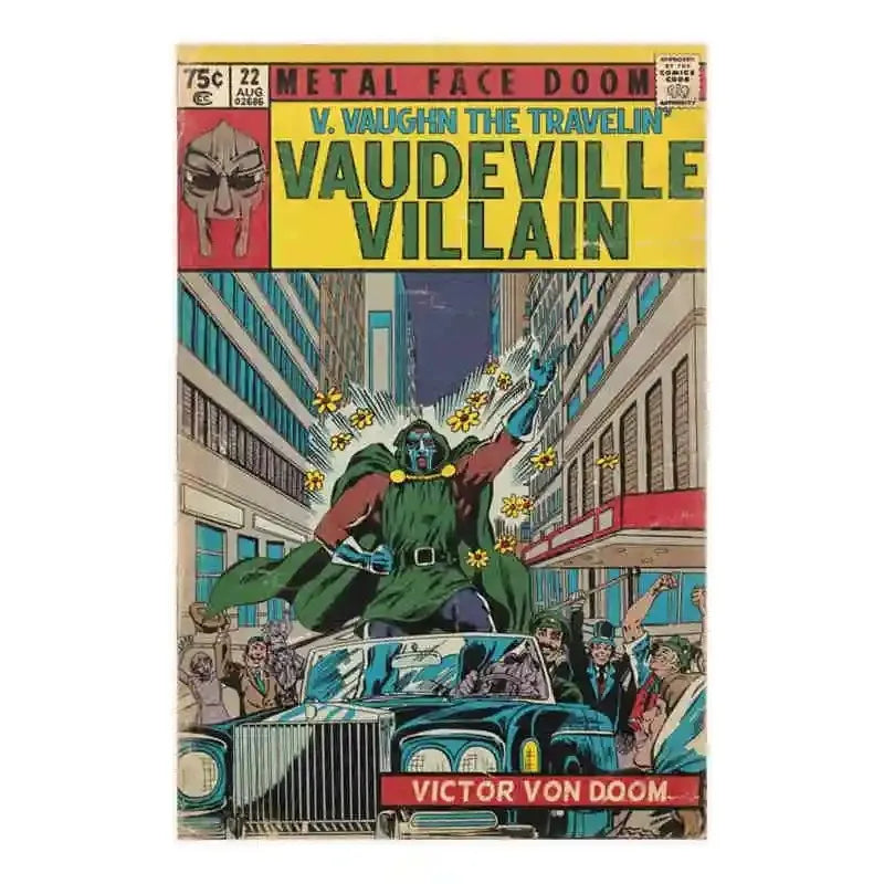 A vintage comic book cover featuring Metal Face Doom and V. Vaughn the Travelin' in a vibrant illustration.