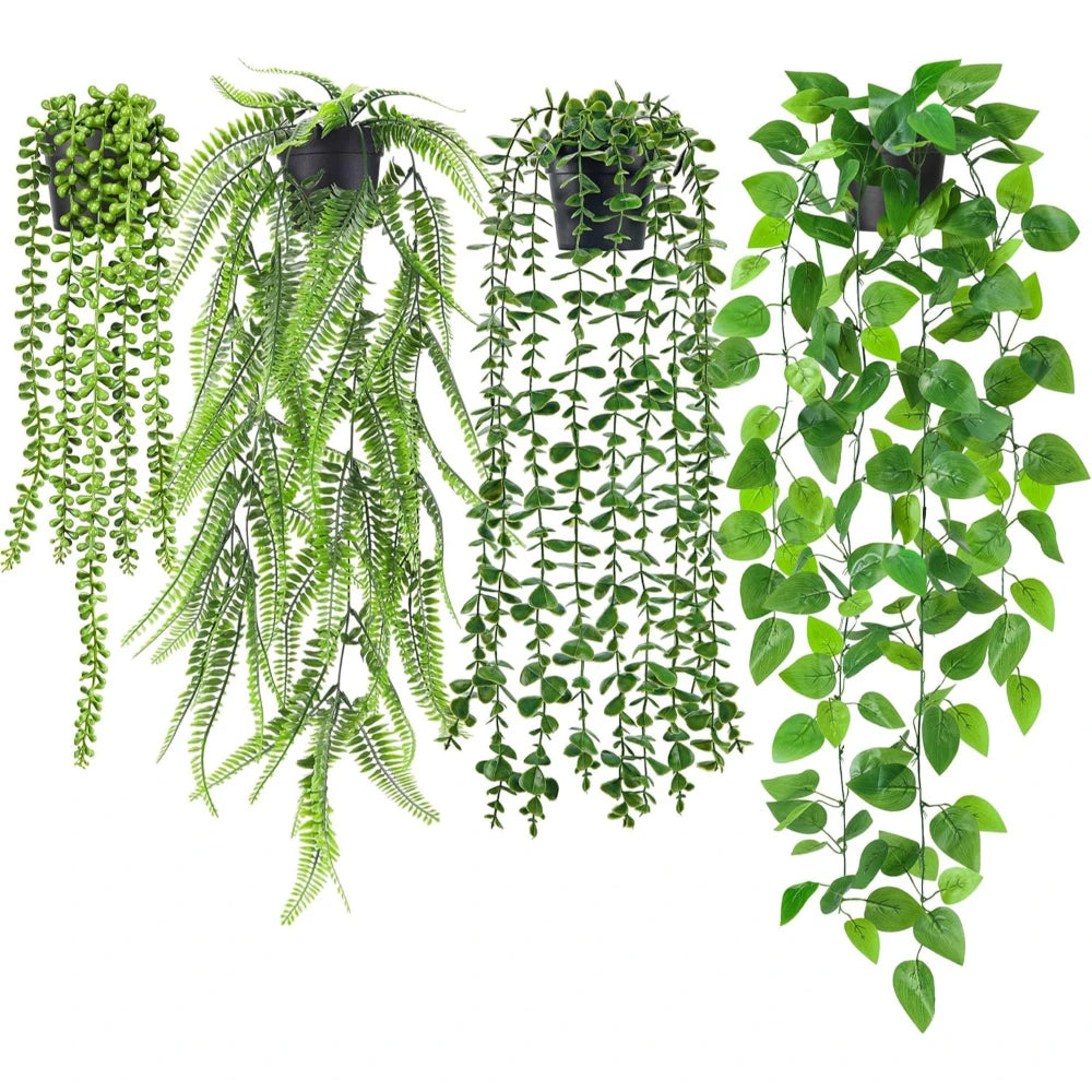 A set of four realistic hanging artificial ivy vines in various shades of green for indoor and outdoor decor.