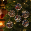 Christmas diamond painting ornaments featuring Santa, a snowman, and reindeer pendants hanging on a green fir tree