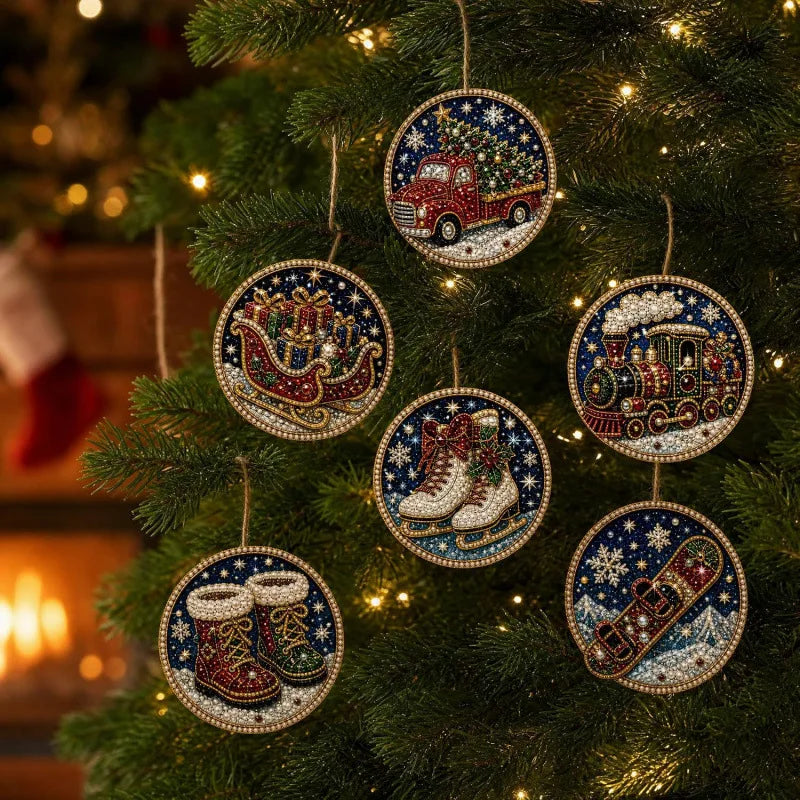 Christmas diamond painting ornaments featuring Santa, a snowman, and reindeer pendants hanging on a green fir tree