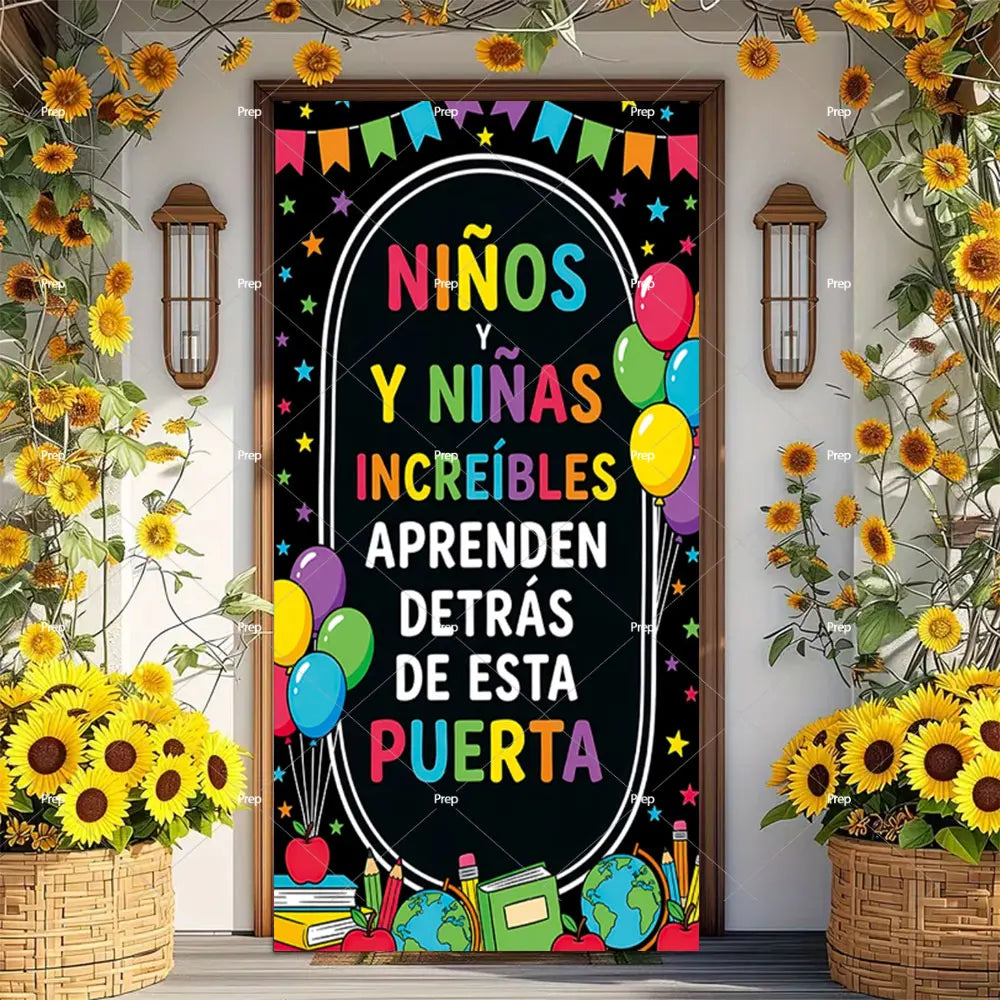 A colorful door banner decorated with sunflowers and balloons for a welcome back to school theme.