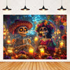 A vibrant Day of the Dead fiesta photo backdrop featuring colorful floral skull designs and glowing candles.