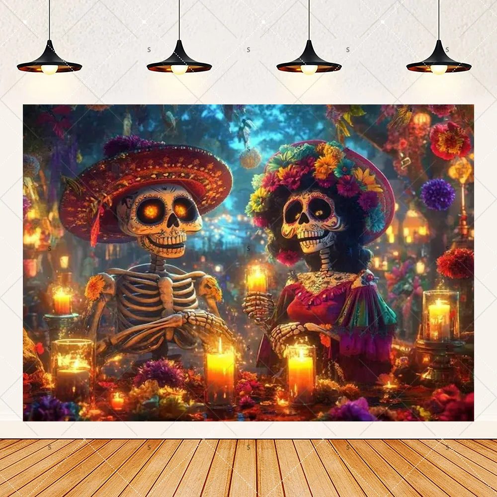 A vibrant Day of the Dead fiesta photo backdrop featuring colorful floral skull designs and glowing candles.