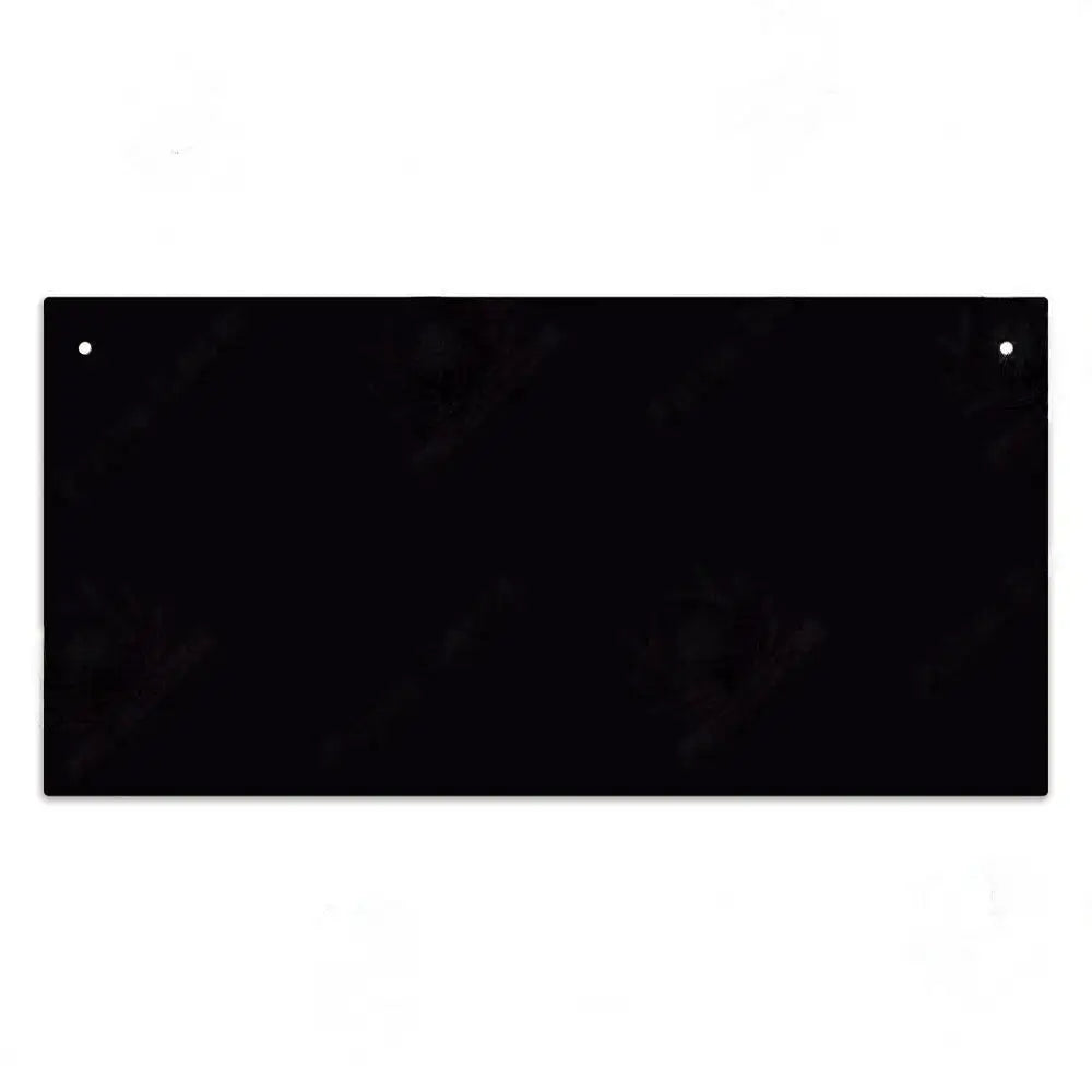 A rectangular black wooden sign with a mounting plate for personalized text.
