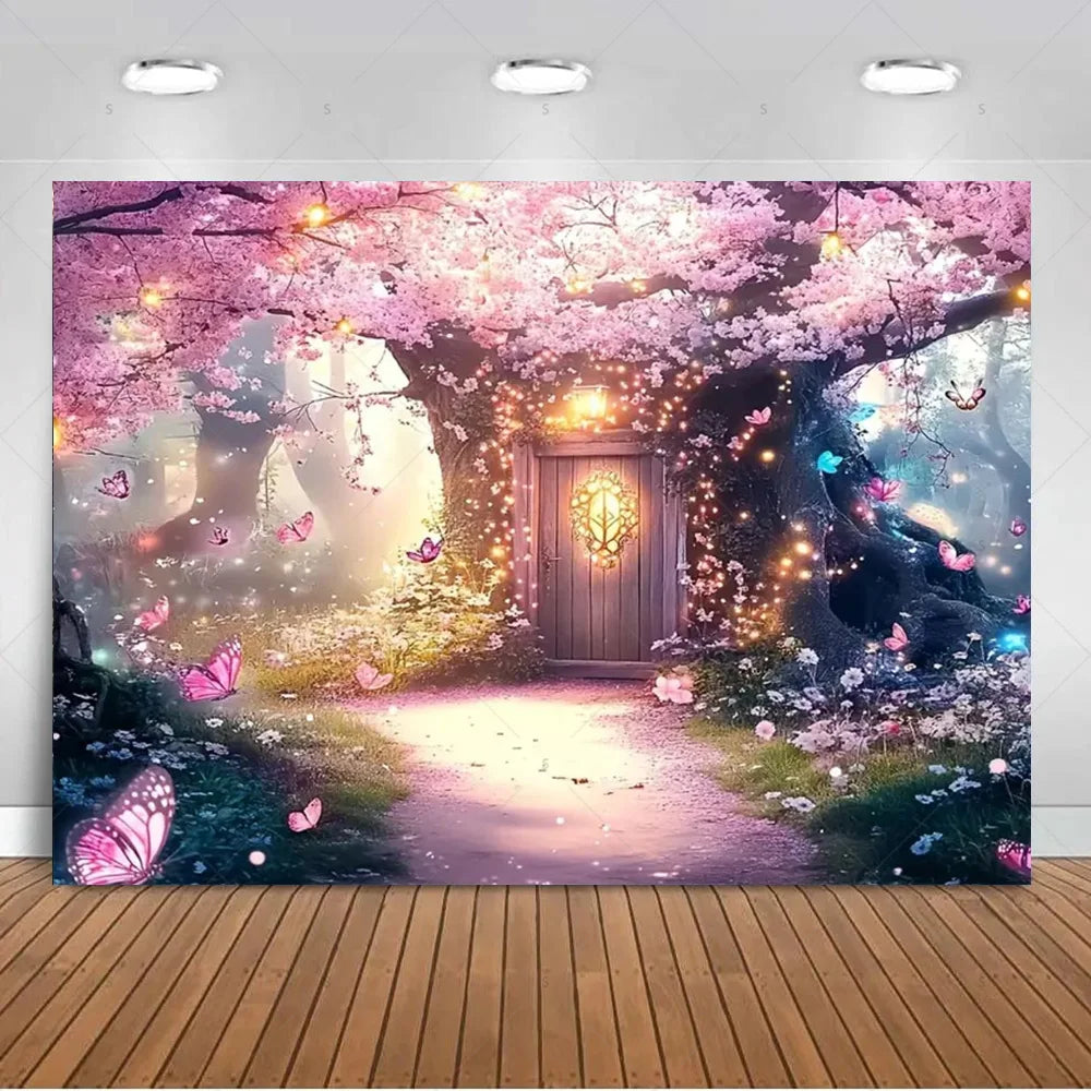 A vibrant photo backdrop featuring a pink cherry blossom tree, glowing lights, and a wooden door surrounded by purple and pin