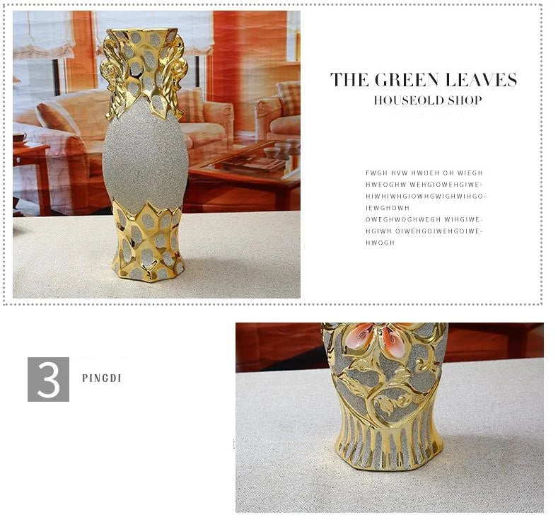 A gold-plated ceramic tabletop vase with a textured surface is displayed on a light background.