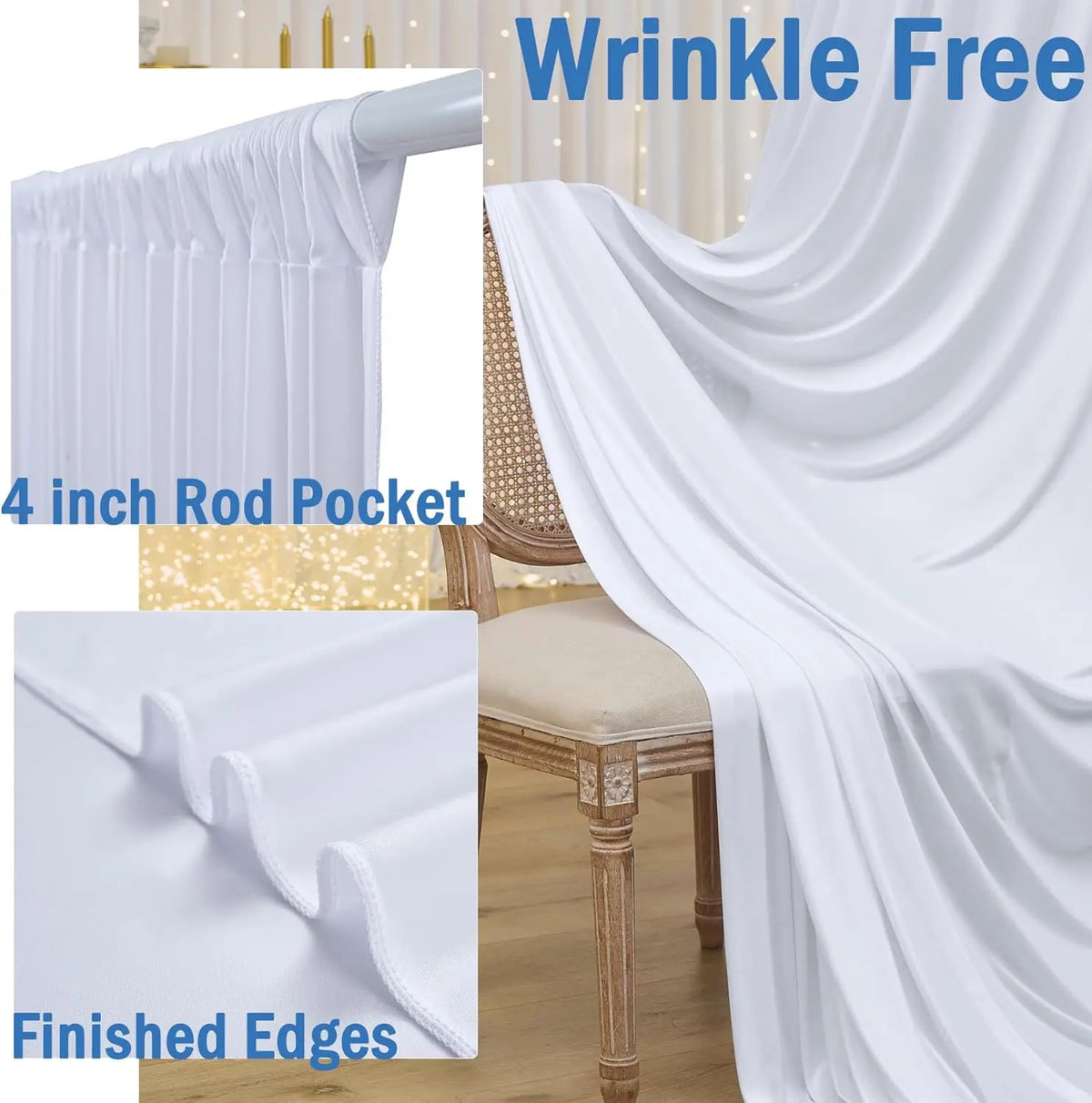 Wrinkle-free white backdrop curtain featuring rod pockets and finished edges for events