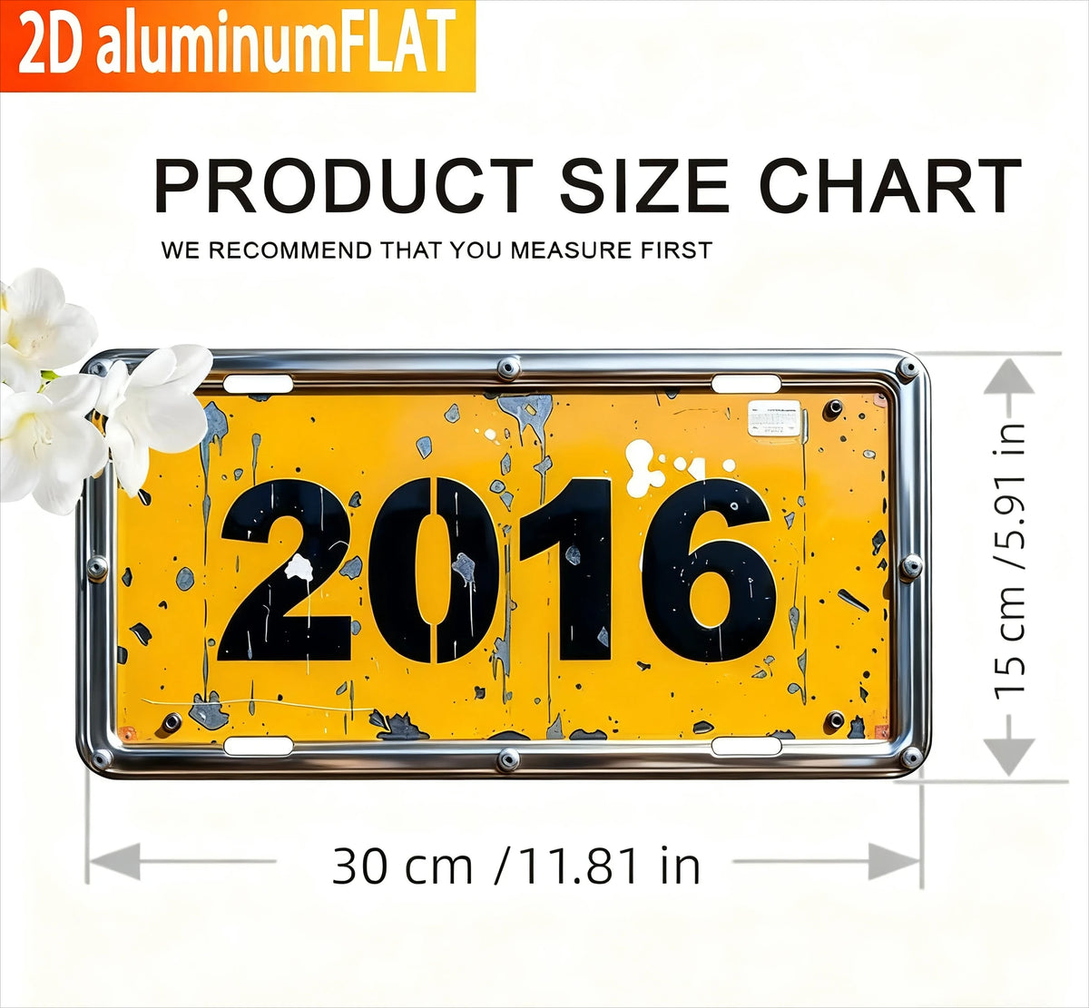 A yellow metal sign with the year 2016 painted on it, shown next to a size chart.