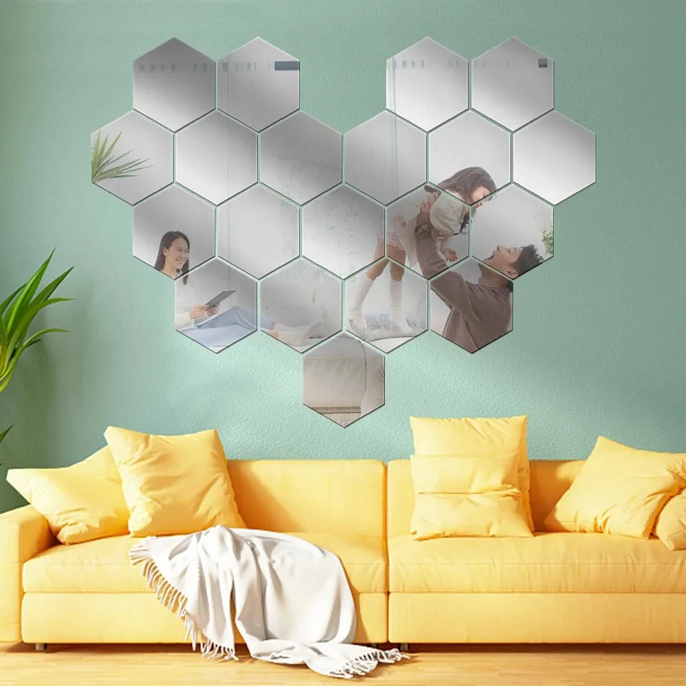 A heart-shaped wall decor featuring 12 self-adhesive hexagon mirrors depicting people.