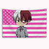 A banner featuring a character resembling Bakugou Katsuki in a suit against an American flag background.