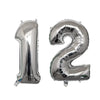 Silver foil number balloons shaped like the numbers 1 and 2