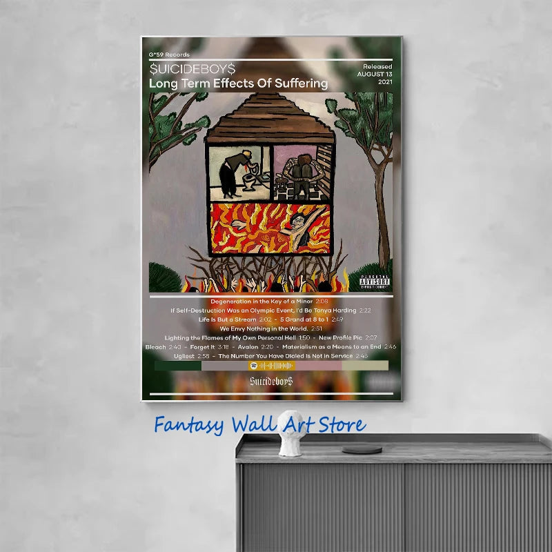 Album cover art print for Suicideboys Long Term Effects of Suffering featuring a wooden box structure and abstract colors