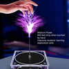 A hand is touching a plasma coil that emits purple electrical sparks, demonstrating medium power for educational learning.