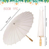 A white oil paper umbrella is shown open and closed, along with a rolled version, for weddings and decor.