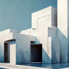 Abstract minimalist architecture featuring white concrete structures and shadows against a blue sky.