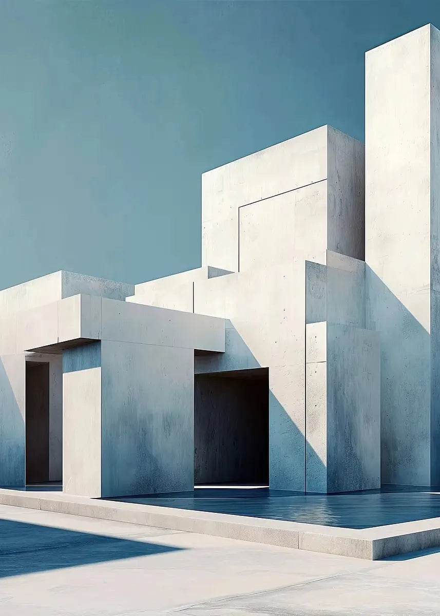 Abstract minimalist architecture featuring white concrete structures and shadows against a blue sky.