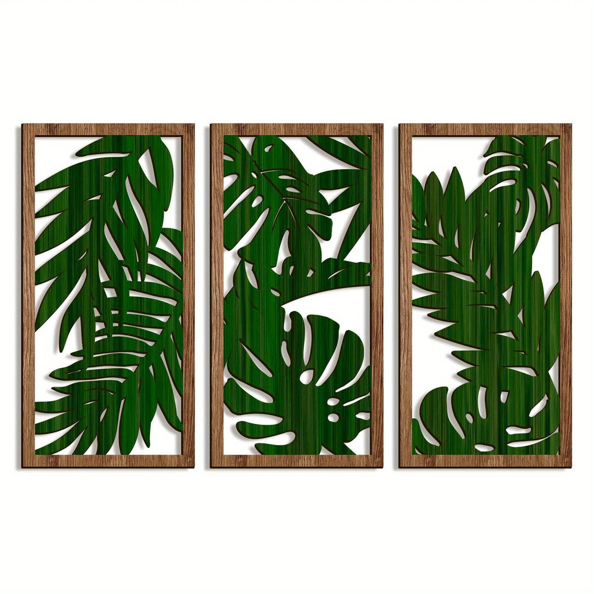 A set of three wooden leaf wall art panels featuring green tropical leaves cutouts.
