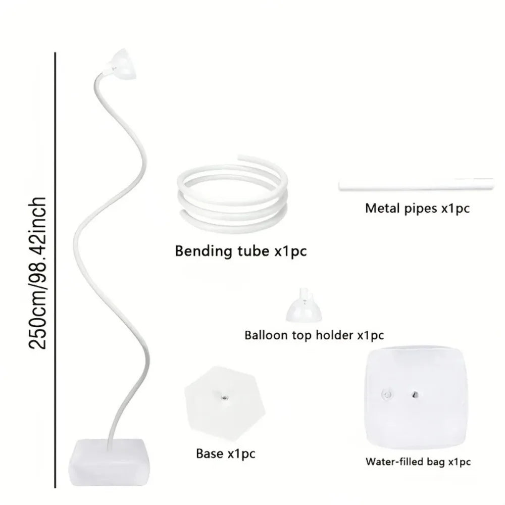 Adjustable balloon arch kit including a white bending tube, holder, base, and water-filled bag