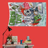 A decorative banner featuring illustrations of Green Day members and rock music themes on a red wall.