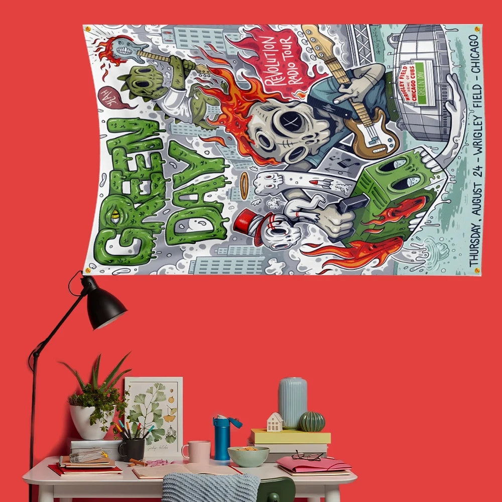 A decorative banner featuring illustrations of Green Day members and rock music themes on a red wall.
