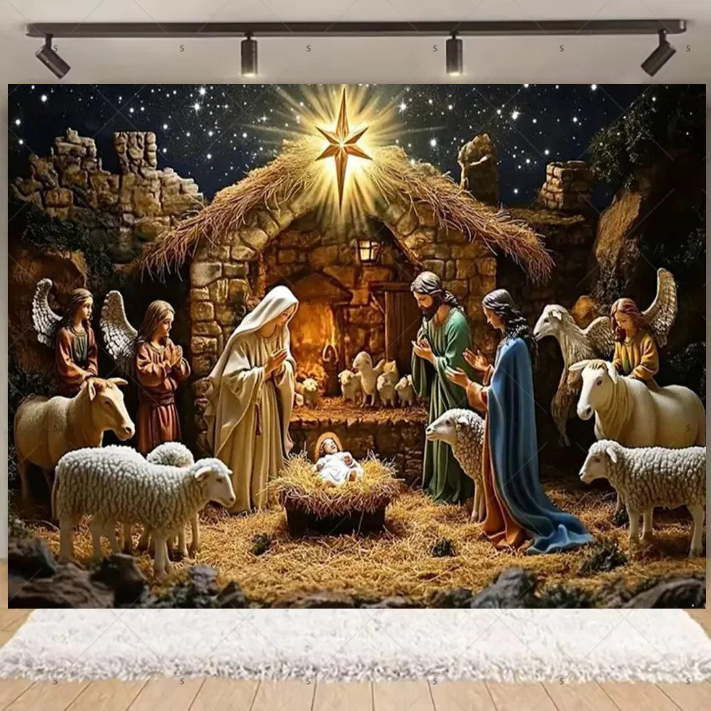 Starry Night Nativity Scene Backdrop for Christmas Celebrations