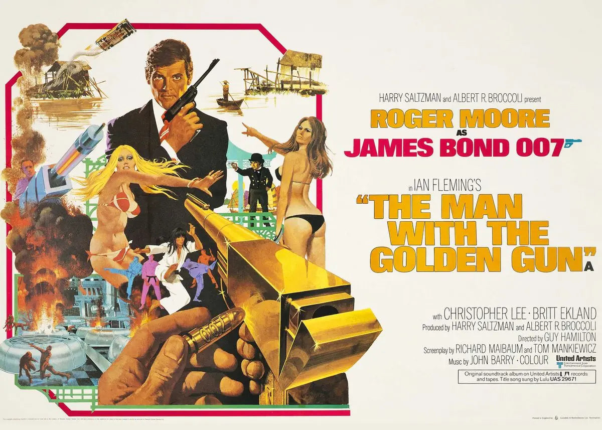 A vintage cinema art canvas poster for Roger Moore's James Bond 007 featuring actors and action scenes.