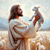 An oil painting depicting Jesus holding a lamb in a field, rendered in soft, warm tones.