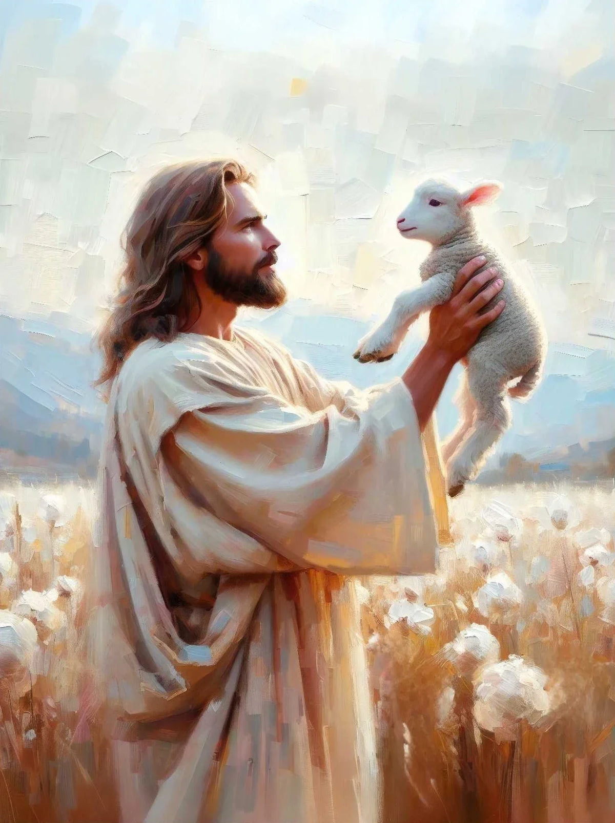 An oil painting depicting Jesus holding a lamb in a field, rendered in soft, warm tones.