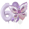 A set of purple butterfly foil balloons shaped like the number six and various other balloon shapes.