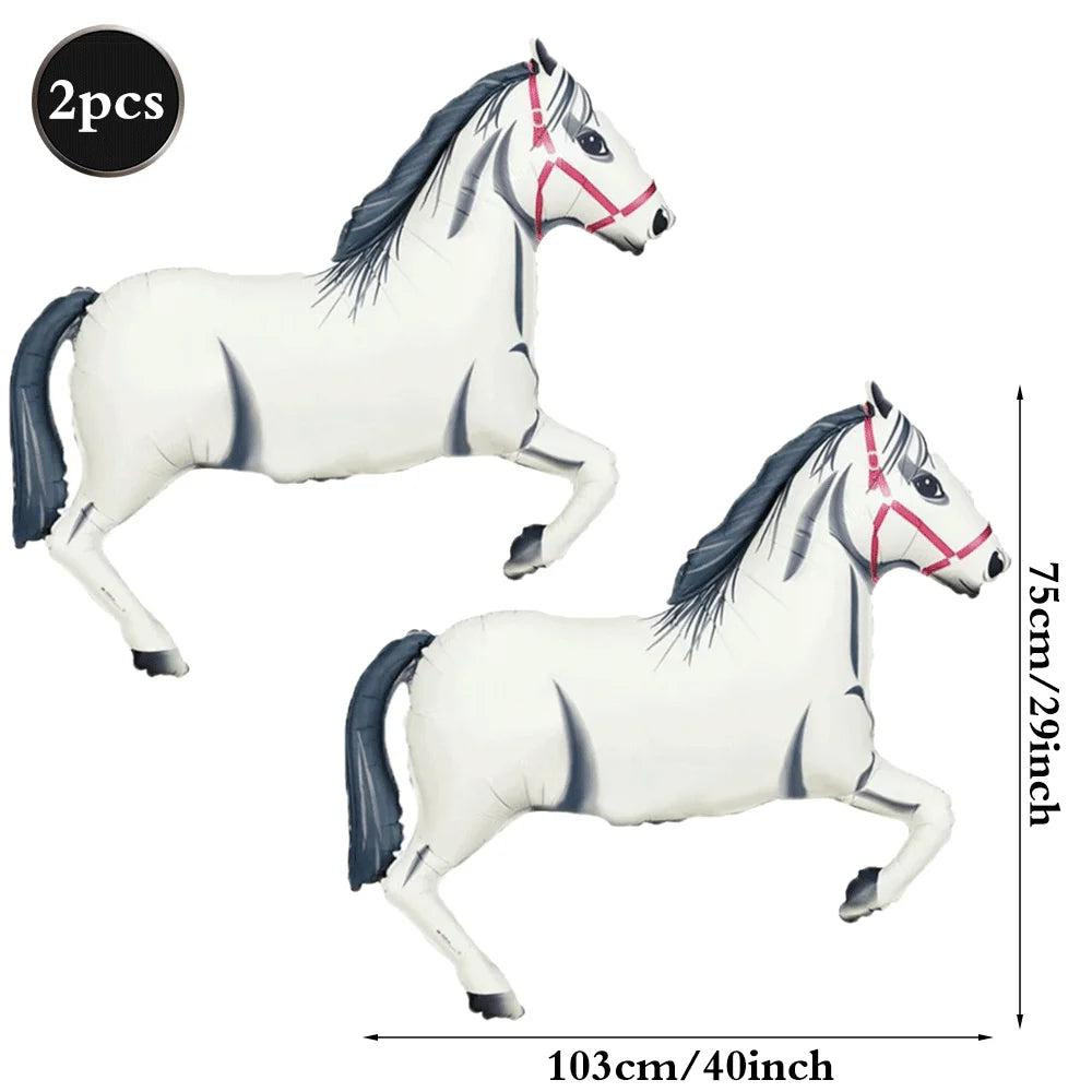 Two white foil horse number balloons with black and red markings shown in profile.