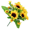 A bouquet of bright yellow artificial sunflowers with green leaves and small buds.