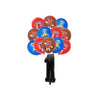 A collection of red and blue animatronic-themed party supplies, including plush toys and decorations.